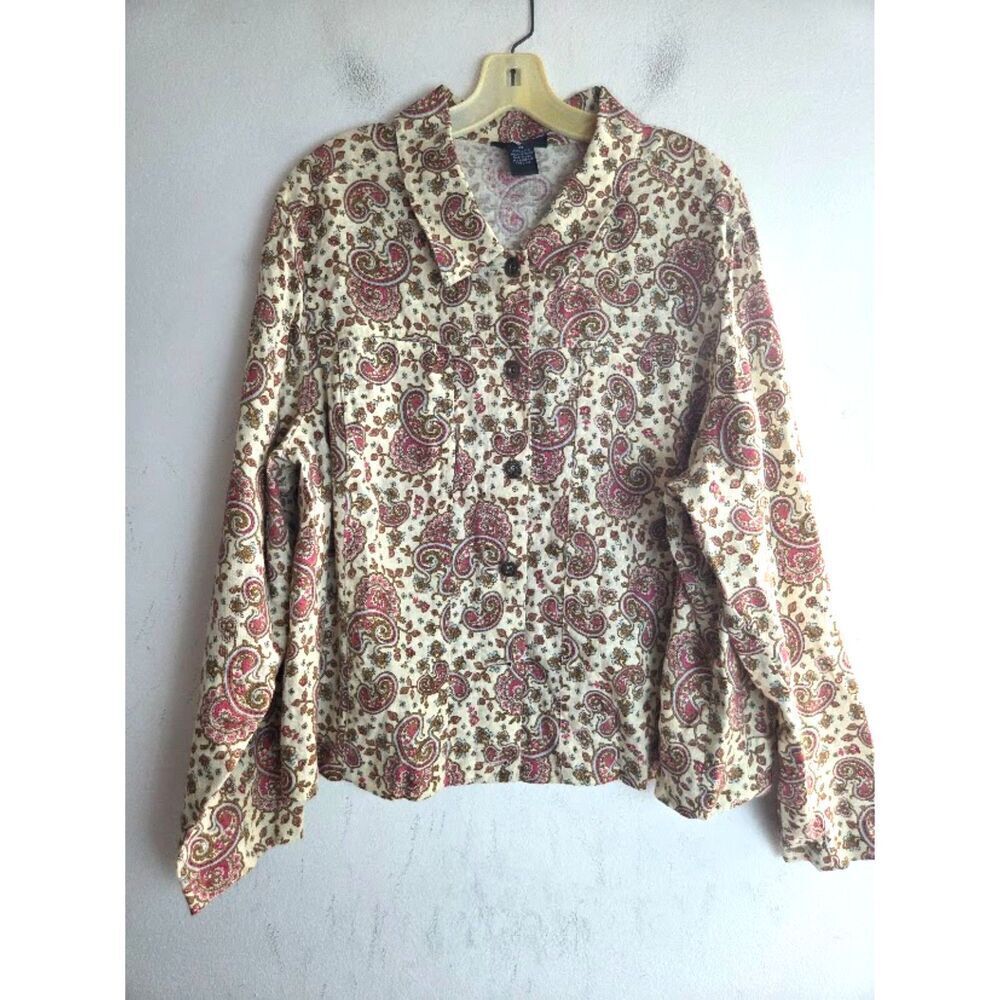 Saint Tropez West Cream w/Pink  Brown Pasley 100% Linen Button Up Jacket size 3X